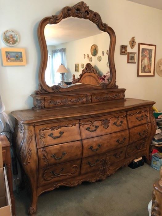 Long Wood Dresser with Mirror,  11 Drawers (9 large/2 small)