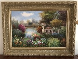 Garden Scene Artist Signed Oil on Canvas Painting