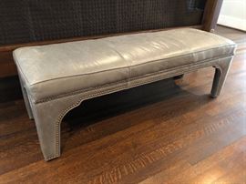 Ethan Allen Distressed Leather Bench with Nailhead Trim