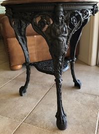 Antique Cast Iron Britannia Pub Table w Walnut Top