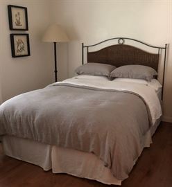 Wicker Queen Headboard and Frame, Restoration Hardware Duvet Cover, Bedskirt, Down Insert, 2 Shams and 2 Pillows, Pottery Barn Shadow Boxes