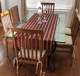 Iron Scroll Table w Heavy Glass Top Top Dining Table 3'6" x 6 Custom and 6 French Oak Crate and Barrel Chairs