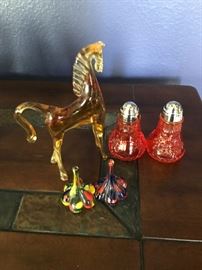 Hand blown glass horse, amberina salt & pepper shakers