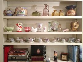 Great books, antique clock, tea cup collection, ceramic animals, glass animals, Oriental porcelain, other vessels and bottles