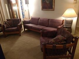 Late Mid Century wood frame chairs and sofa