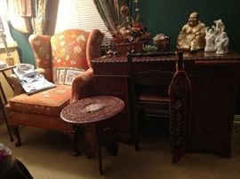 Mahogany desk, cane bottom chair, inlaid and carved rosewood table, Buddah, more decor