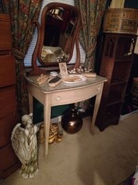 Large wood art deco dresser, Angel statue, dressing table with mirror, dressing table accessories, decor