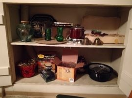 Vintage Westbend bean pot and serving crock set, lazy susan, serving trays, glass elephant, indoor-outdoor grille, vintage Sunbeam crepe maker