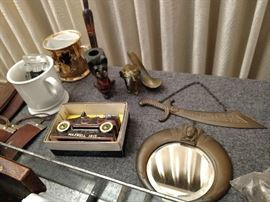 Shriner mirror, carved pipe, shaving mugs
