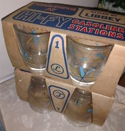 Vintage Libbey Atomic Starburst MCM glasses in original promotional HI-FY Gasoline Station cardboard packages