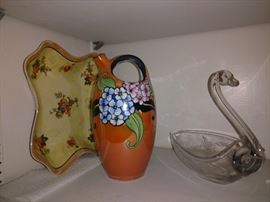 Vintage Japanese porcelain, glass swan
