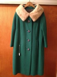 Mink collar green wool coat