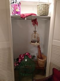 Bird cage, light fixture, baskets