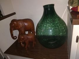 Carved wod elephants and huge Italian glass vessel