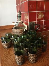 Green glass & wicker wine decanter and drink set
