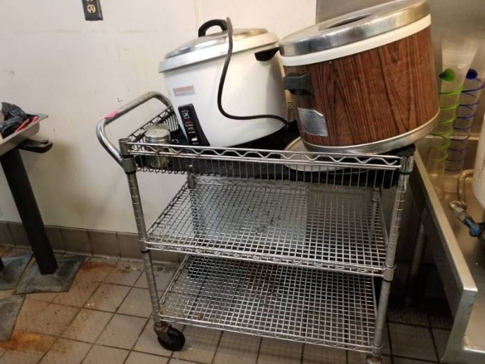 3 Rice cookers, metal rolling cart, miscellaneous ...
