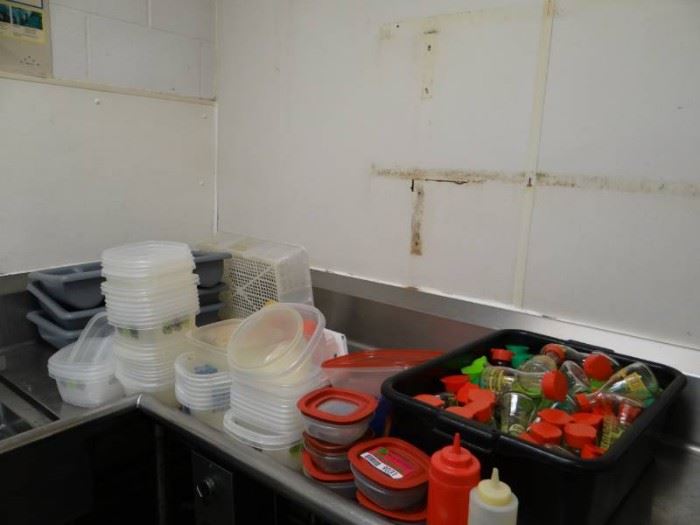 Lot of misc. plastic storage containers soy sauce ...