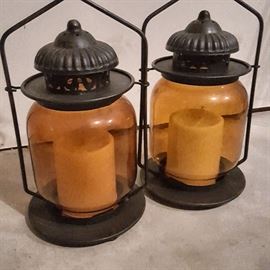 Battery powered patio lamps.