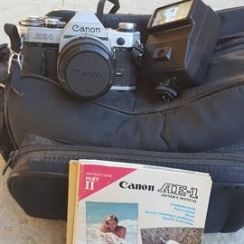 Vintage Canon AE1, with bag and flash.