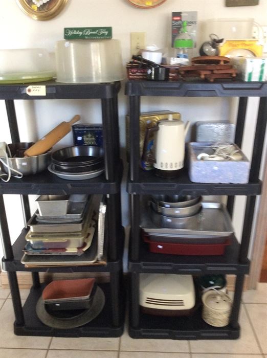 Kitchen items, baking pans, cookie press, electric skillet.