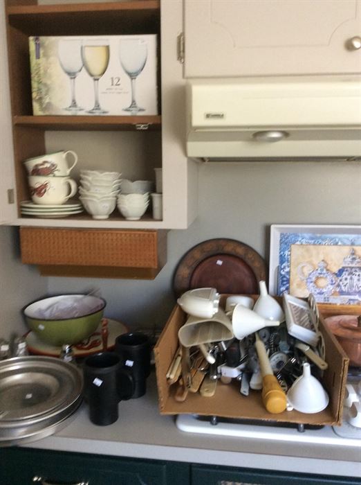 Utensils, wine glasses, miscellaneous kitchen items