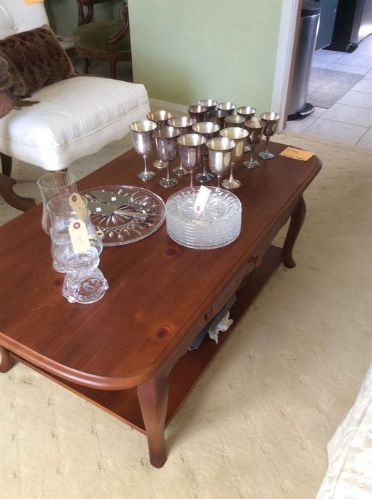 Cherry coffee table, Waterford Crystal cake plate and dishes, Salem Silverplate goblets