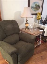 Green LazBoy chair. We have two painted side tables (one shown) and a matching coffee table.