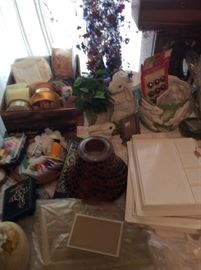 Assorted holiday items, craft and art supplies