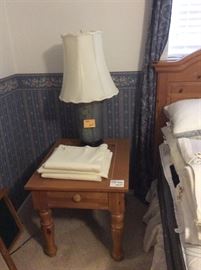 Set of two pine end tables, have two matching lamps