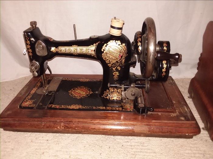 EXQUISITE DECAL WORK ON JONES ANTIQUE SEWING MACHINE W/ WOODEN COVER