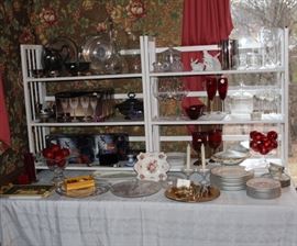 Crystal, china, stemware and silverplate.