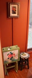Original oil painting, tv tray set and small stool.