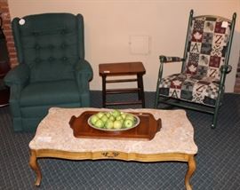 La-Z-boy recliner, upholstered rock and marble top coffee table.