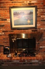Misc. home decor, NASCAR book and fireplace items.