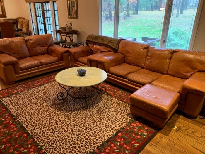 Leather Sectional so NICE, Colorful Rug and Round Marble and Metal Coffee Table