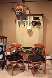 Pair of Interesting Chairs, Hat Rack with Storage and Colorful Decorative Bird