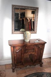 Wood Cabinet, Vase and Mirror