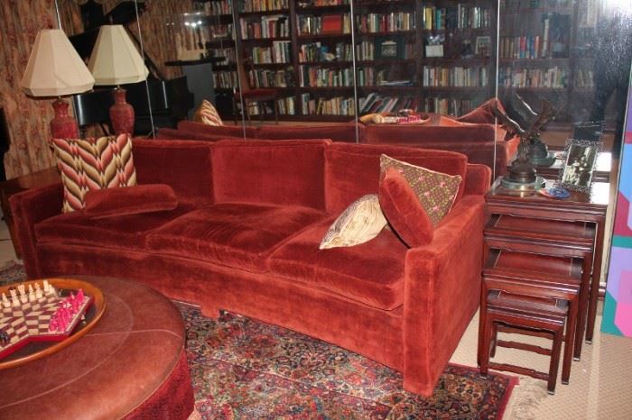 Sofa, Decorative Pillows, Stacking Tables, Ottoman and Lamp