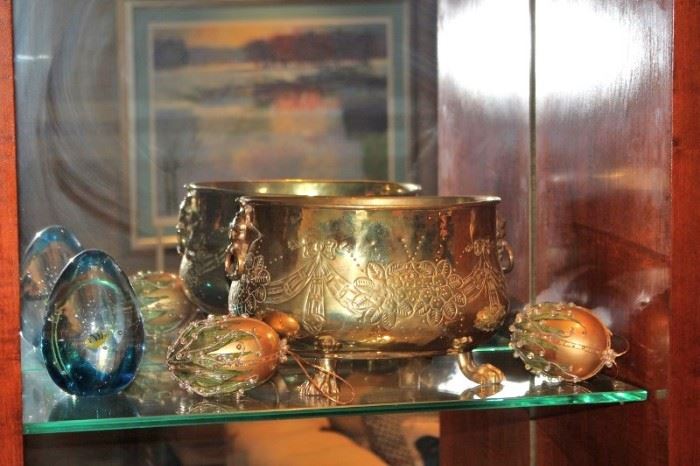 Decorative Eggs and Gold-tone Bowl