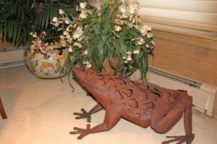 Large Frog Sculpture with Potted Plants