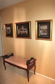 Framed Prints and Wood Bench with Cushion