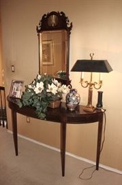 Demi-Lune Console Table with Mirror, Table Lamp, Floral Arrangement and more