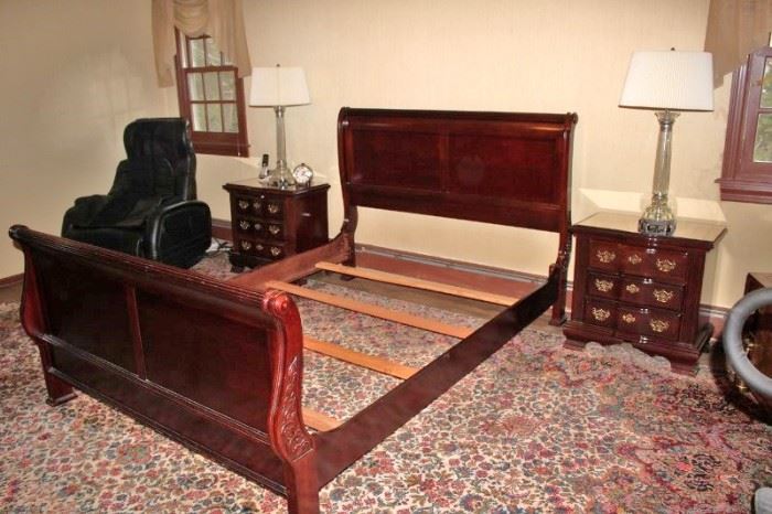 Sleigh Bed, Pair of Nightstands, Lamps and Chair