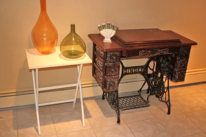 Snack Table and Antique Singer Sewing Machine Cabinet