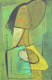 BOTELLO Angel Color Linocut Woman and Child