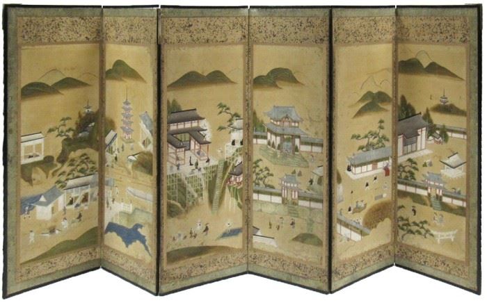Japanese Six Panel Screen Mountain Temple