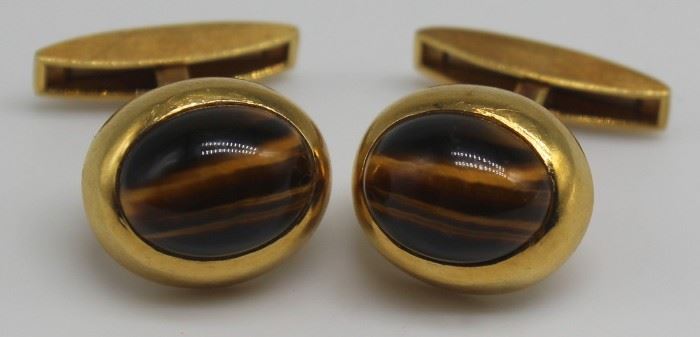 JEWELRY Pair of Cartier kt Gold and Tigers Eye