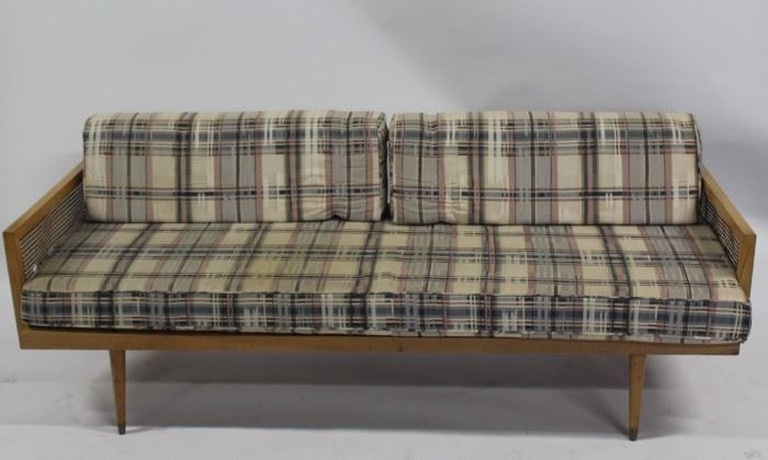 MIDCENTURY Cane Armed Settee With Cushions