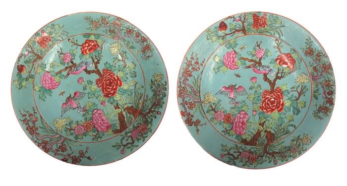 Pair of Turquoise Ground Enameled Chargers