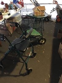 walker, yard work stool table and two chairs